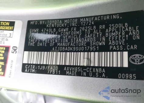 2025 Toyota Camry Le z USA, uszkodzony, nr VIN 4T1DBADK9SU017951